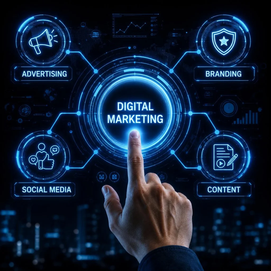 Modern digital marketing ecosystem layout showcasing content creation, SEO, and email marketing tools